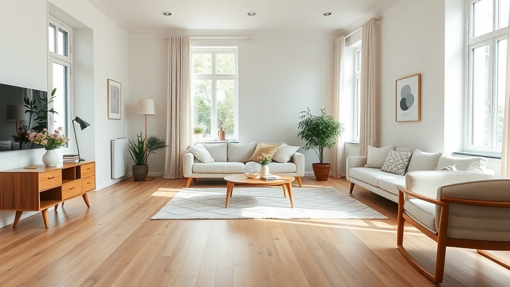 Helles Altbau Wohnzimmer mit frisch geschliffenen Holzdielen, weißen Wänden und natürlichen Möbeln als Beispiel für Dielenboden sanieren.
